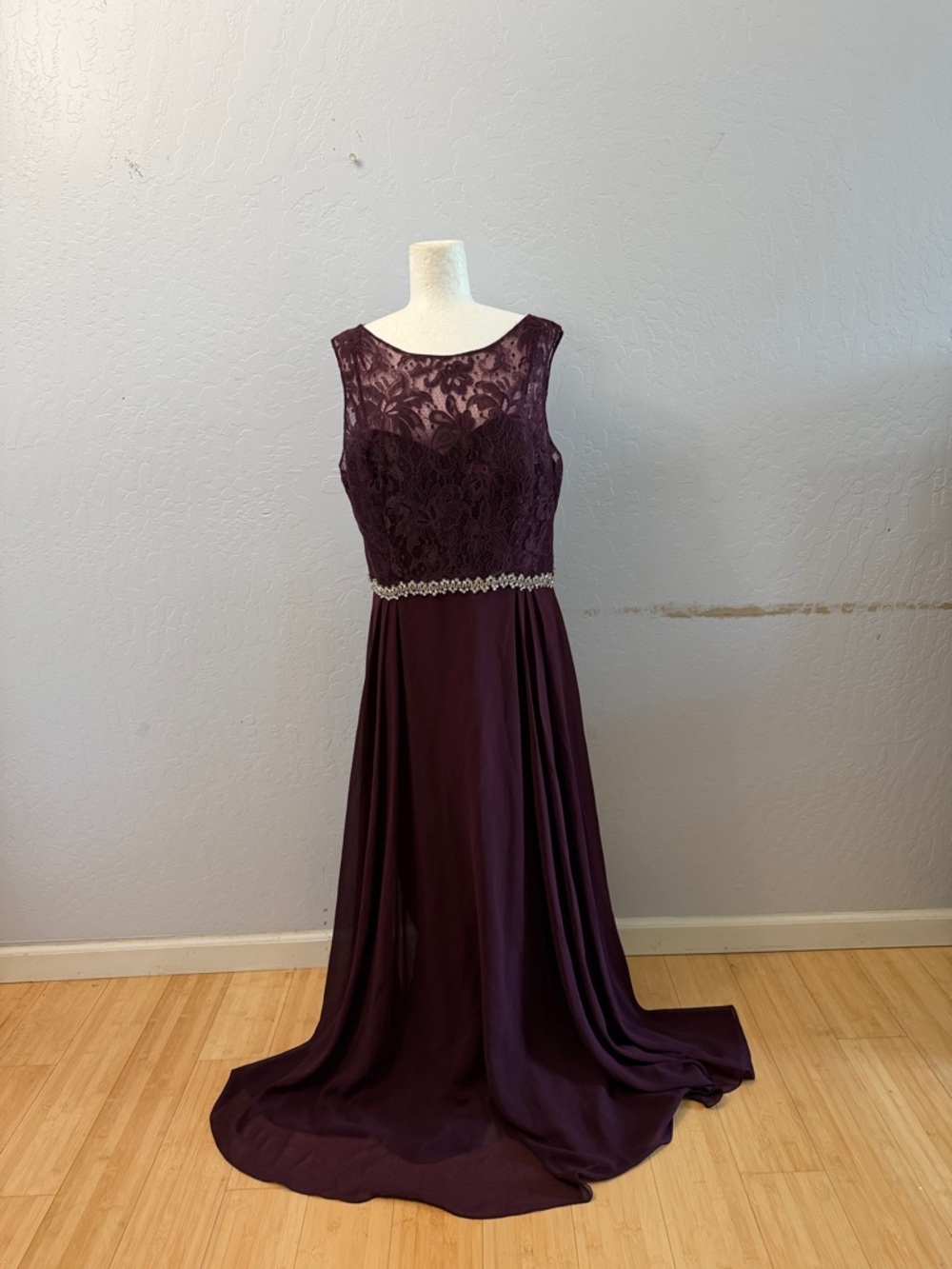 Cachet Plum Lace Bodice Maxi Dress with Beaded Waist